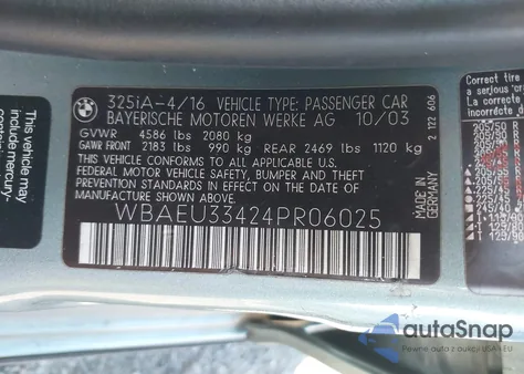 2004 BMW 325Xi from USA, damaged, VIN WBAEU33424PR06025